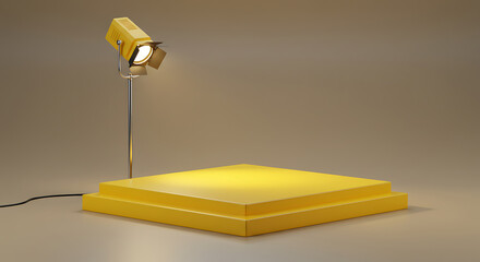 Poster - Empty yellow podium illuminated by spotlight, 3D render studio setup perfect for product showcasing and presentations