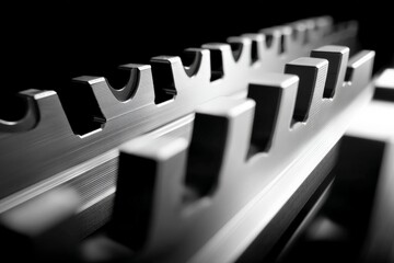 Poster - Close-up view of industrial metal component with distinctive grooves and finish under dramatic lighting