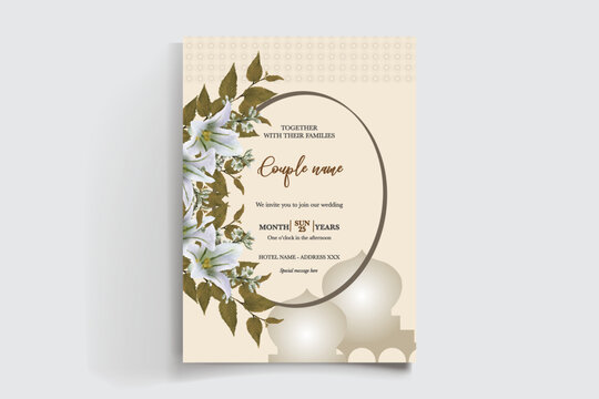 WEDDING INVITATION FRAME WITH FLOWER DECORATIONS AND FRESH LEAVES