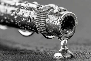 Poster - Close-up view of a metallic nozzle dripping water with droplets on a textured surface