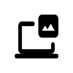 Poster - illustration of a laptop with a landscape image icon, rendered in solid black on a white background 