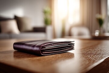 Leinwandbilder - Wallet resting on wooden table in cozy living room during morning light