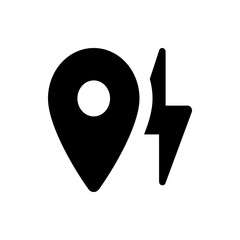 Poster - Black location pin with a white circle inside and a lightning bolt symbol on the right side icon design