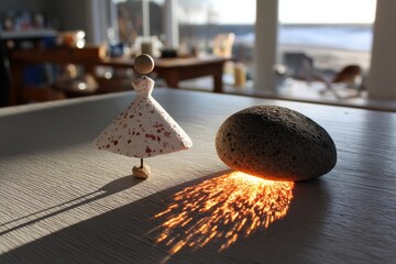 Poster - Creative display of a decorative figure and a stone in sunlight by the beach during late afternoon