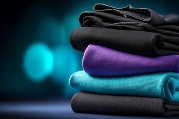 Poster - Colorful folded clothes stack displayed on a smooth surface under soft lighting creates a serene atmosphere and highlights textile textures