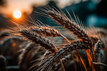 Aufkleber - Golden wheat stalks glisten in the sunset light over a rural field during harvest season