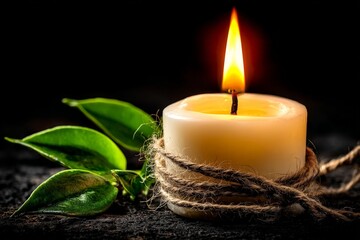 Poster - Warm candlelight illuminates natural elements in a cozy setting featuring a green leaf and rustic twine