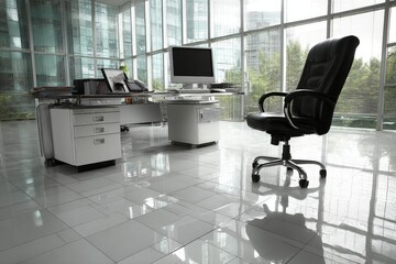 Aufkleber - Modern office interior with sleek furniture and large windows providing natural light during the daytime