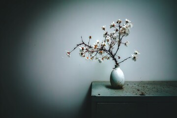 Poster - Elegant branch of white flowers in a simple vase on a dusty table with soft lighting