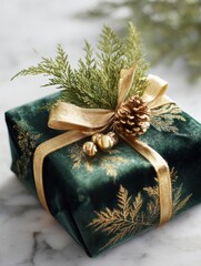 Leinwandbilder - Elegant Velvet Present Wrapped With Gold Foil and Adorned With Natural Elements on a Bright Background