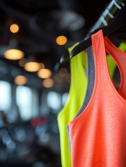 Poster - Bright Neon Fitness Apparel Showcased in a Gym Setting With a Blurred Background Emphasizing a Vibrant Activity Space