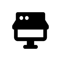 Poster - illustration of a desktop computer with a black screen and two white circles at the top left corner