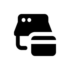 Poster - Black silhouette of a printer with two circular white details and a paper tray on a white background