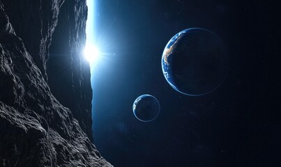 Wall Mural - asteroid field with planets