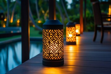 Wall Mural - Decorative lanterns illuminating tropical resort deck at dusk