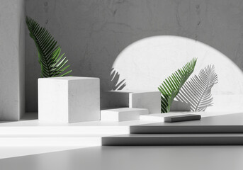 Fototapete - Product display podium with fresh green palm leaves on white background. 3D rendering