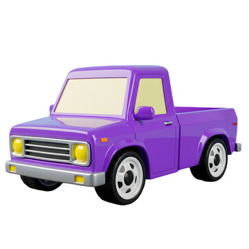 Adorable purple pickup truck! Perfect for kids' illustrations. 3d rendering isolated on white background. Cartoon plastic style