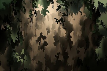 Poster - Abstract camouflage pattern, deep forest scene.  A blurry, textured design with muted greens and browns, suggesting a dense jungle environment