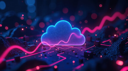 Fototapete - vibrant cloud symbol floats above circuit board, illuminated by neon pink and blue lights, representing digital technology and connectivity