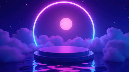 Poster - vibrant, dreamy scene featuring glowing circular light above reflective platform surrounded by soft clouds. colors create serene atmosphere