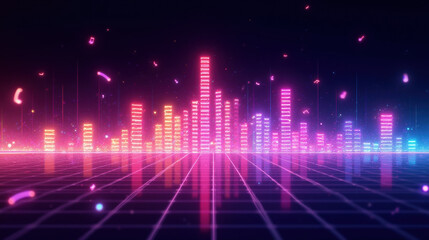 Poster - Vibrant digital sound waves in neon colors create mesmerizing visual display, reflecting energy and rhythm in futuristic setting
