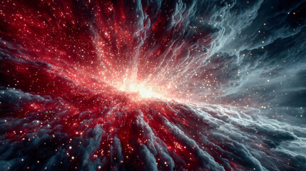 Poster - Explosive red and white energy burst depicted in a glowing, abstract cosmic texture with radiant particles