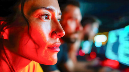 Poster - Focused woman illuminated by red light coding on a computer screen in a dark room, symbolizing modern programming and technology