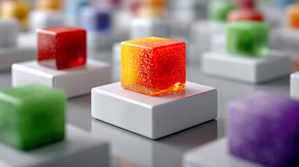 Poster - Colorful translucent cube with fizzy texture displayed on white pedestal, suggesting futuristic materials, innovation, or product display
