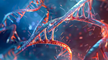 Poster - Abstract 3D visualization of a glowing DNA double helix structure, representing biotechnology and genetic science on a futuristic blue background