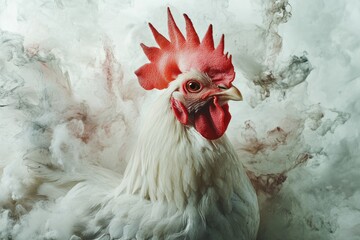 Poster - White rooster amidst swirling smoke.  Close-up,  vivid colors,  red comb,  focused on animal,  abstract background