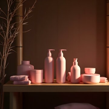 3D rendering of personal care products in fondant pink, arranged on a dark wooden shelf in a dimly lit, rustic spa setting with bamboo accents and soft, diffused lighting.