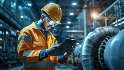 Poster - Industrial Worker in Safety Gear Using Tablet in Modern Manufacturing Facility with Machinery 4k video footage