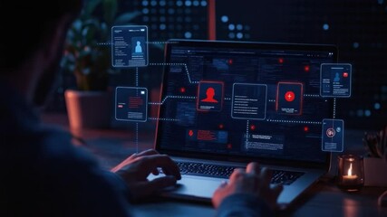 Poster - Person Using Laptop for Data Analysis with Digital Interface and Cybersecurity Elements in a Dark Room 4k video footage