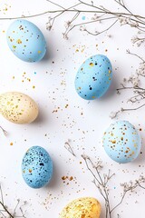 Poster - Pastel colored eggs, scattered on white background, decorated with gold glitter, and surrounded by delicate dry flowers