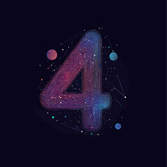 Poster - Abstract futuristic number 4 composed of interconnected glowing lines and dots resembling digital circuit and cosmic elements with planets and stars on dark background