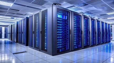Aufkleber - Large data center filled with illuminated blue server racks, showcasing powerful infrastructure for cloud computing, data processing, cybersecurity, and enterprise-scale systems