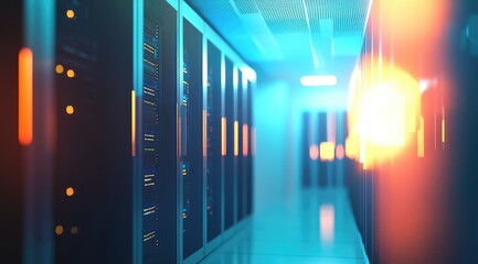Aufkleber - Brightly lit modern server room with illuminated data racks in blue and orange tones, representing cloud technology, cybersecurity, AI computing, and data storage systems