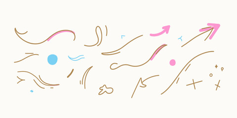 Poster - Hand drawn curved arrows and lines with colorful dots and sparkle accents abstract vector illustration for decoration and emphasis in minimalist style