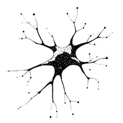 Poster - Black low poly neuron cell vector illustration with thin lines and connecting dots on white background representing brain cell structure and neural network concept