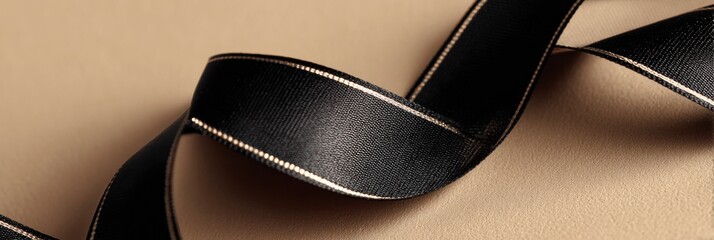 Poster - Elegant Black Ribbon With Shadowed Edge Creates Luxurious Detail Against Soft Background Surface