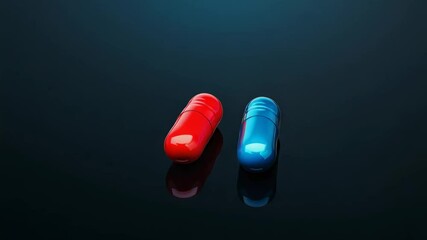 Poster - Red and blue pills laying on reflective black surface, representing complex decision making process with profound personal implications and potential healthcare consequences