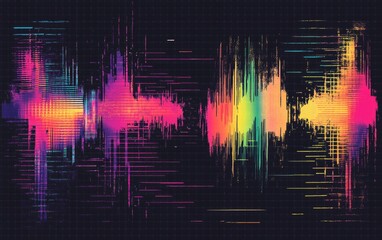 Poster - Vibrant audio waveform with colorful, dynamic brushstrokes.  Detailed, layered sound waves on a dark background with grid pattern