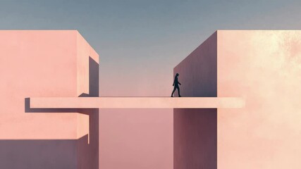 Poster - Businessman walks on bridge connecting two buildings, symbolizing a difficult choice between two options, representing concepts like decision making, career paths, and life choices
