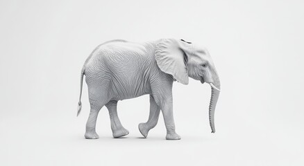 Poster - Monochrome elephant in profile, walking gracefully against a plain white background. Detailed rendering of an elephant's form, exhibiting texture and anatomical accuracy