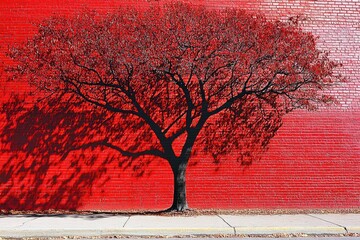 Poster - Silhouetted tree casts dramatic shadows on a vibrant red brick wall.  A solitary tree stands against a bold backdrop. 