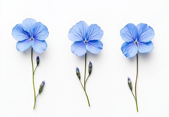 Poster - Delicate light-blue flowers arranged in a row against a pristine white background.  Each flower has five petals, showcasing a vibrant yet soft hue. 