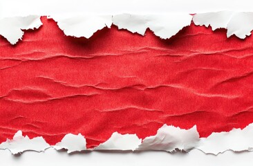 Poster - Ripped red paper strip against white background.  A section of crumpled, vibrant red paper is exposed through a torn white paper border