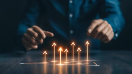Poster - Corporate professional analyzing futuristic holographic financial projection, navigating investment options through interactive digital interface with upward growth indicators