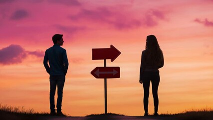 Poster - Multiple views of a young couple facing a crossroads with two directional signs at sunset, symbolizing important life choices and the potential separation or divergence of paths