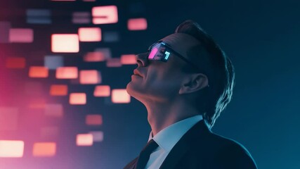 Aufkleber - Augmented reality interface showing a businessman wearing futuristic glasses evaluating various options, represented by colorful squares in a dark environment